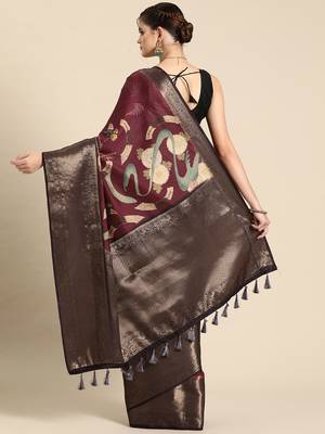 Silk land wine floral kanchipuram silk saree with unstitched blouse piece 3
