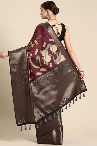 Silk land wine floral kanchipuram silk saree with unstitched blouse piece