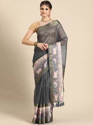 Silk land grey geometric faux kanjivaram silk saree with unstitched blouse piece 1