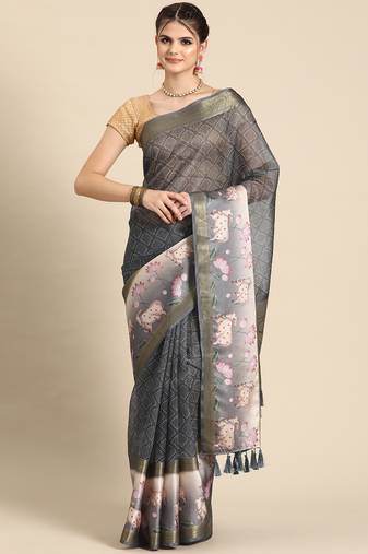 Silk land grey geometric faux kanjivaram silk saree with unstitched blouse piece