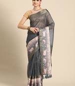 Silk land grey geometric faux kanjivaram silk saree with unstitched blouse piece
