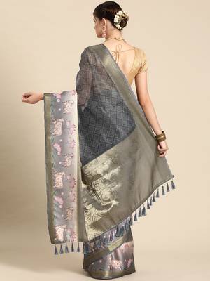Silk land grey geometric faux kanjivaram silk saree with unstitched blouse piece 2
