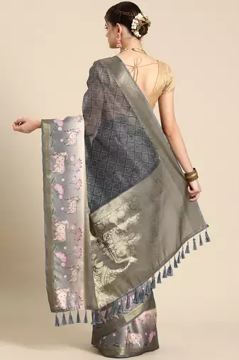 Silk land grey geometric faux kanjivaram silk saree with unstitched blouse piece