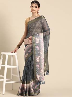 Silk land grey geometric faux kanjivaram silk saree with unstitched blouse piece 3