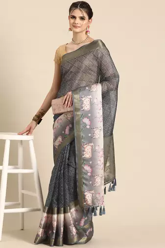 Silk land grey geometric faux kanjivaram silk saree with unstitched blouse piece