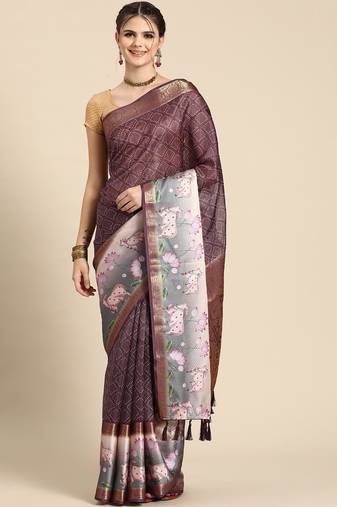 Silk land wine geometric faux kanjivaram silk saree with unstitched blouse piece