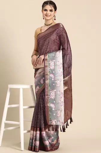 Silk land wine geometric faux kanjivaram silk saree with unstitched blouse piece