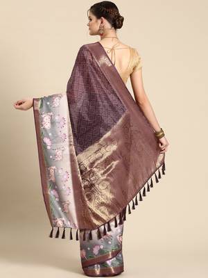 Silk land wine geometric faux kanjivaram silk saree with unstitched blouse piece 3