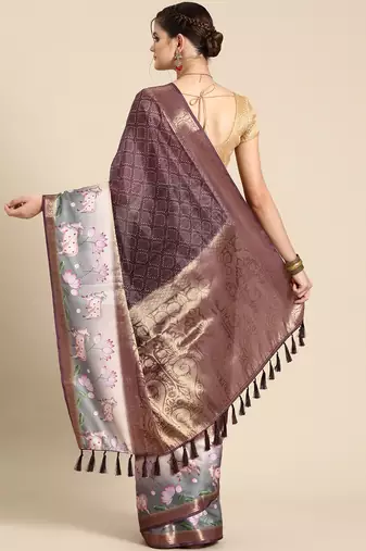 Silk land wine geometric faux kanjivaram silk saree with unstitched blouse piece