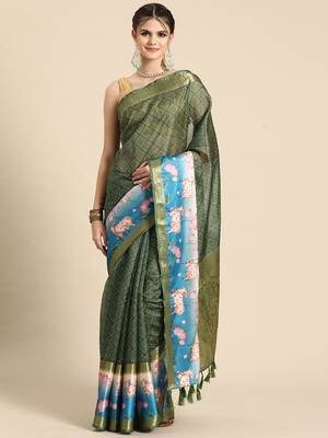 Silk land green geometric faux kanjivaram silk saree with unstitched blouse piece 1