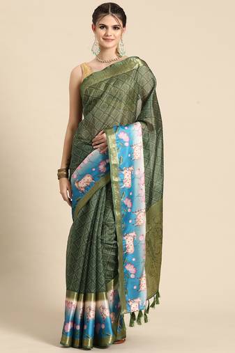 Silk land green geometric faux kanjivaram silk saree with unstitched blouse piece