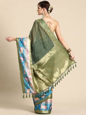 Silk land green geometric faux kanjivaram silk saree with unstitched blouse piece 2