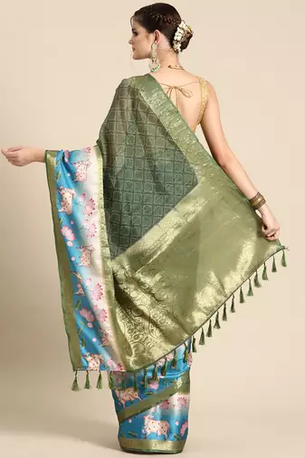 Silk land green geometric faux kanjivaram silk saree with unstitched blouse piece