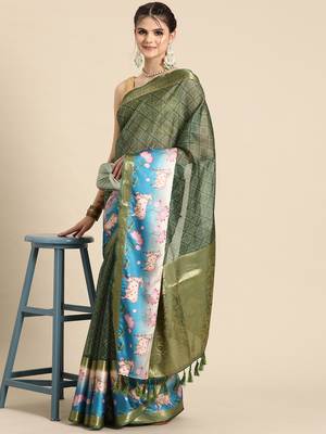 Silk land green geometric faux kanjivaram silk saree with unstitched blouse piece 3
