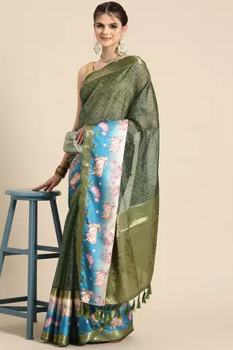 Silk land green geometric faux kanjivaram silk saree with unstitched blouse piece