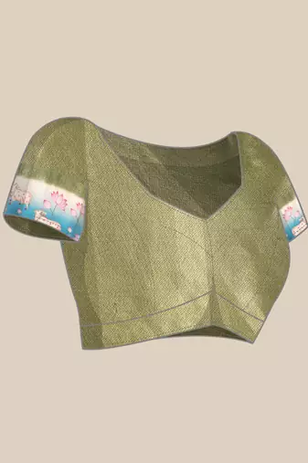 Silk land green geometric faux kanjivaram silk saree with unstitched blouse piece