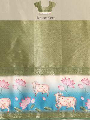 Silk land green geometric faux kanjivaram silk saree with unstitched blouse piece 5