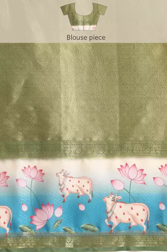 Silk land green geometric faux kanjivaram silk saree with unstitched blouse piece