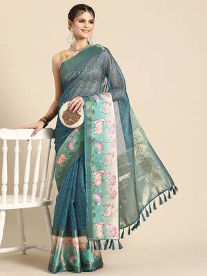 Silk land teal geometric faux kanjivaram silk saree with unstitched blouse piece 1