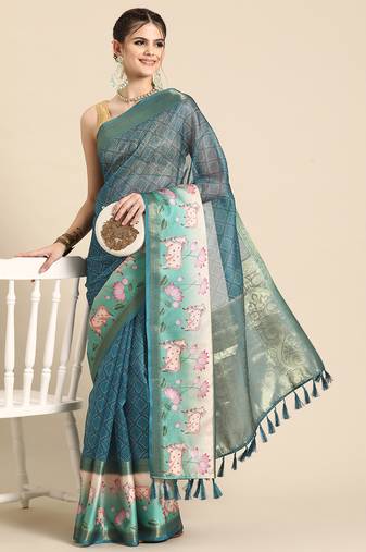 Silk land teal geometric faux kanjivaram silk saree with unstitched blouse piece