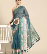Silk land teal geometric faux kanjivaram silk saree with unstitched blouse piece