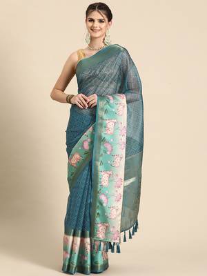 Silk land teal geometric faux kanjivaram silk saree with unstitched blouse piece 2