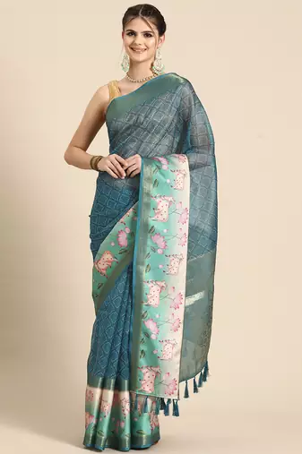 Silk land teal geometric faux kanjivaram silk saree with unstitched blouse piece