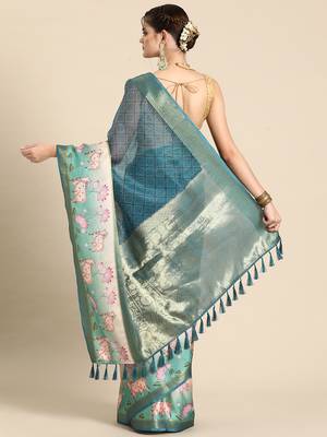 Silk land teal geometric faux kanjivaram silk saree with unstitched blouse piece 3