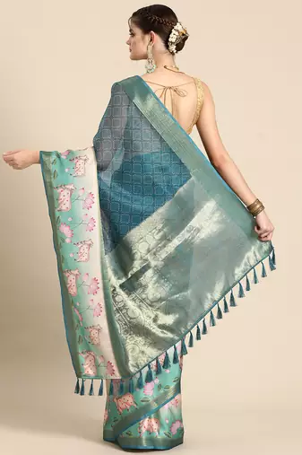 Silk land teal geometric faux kanjivaram silk saree with unstitched blouse piece