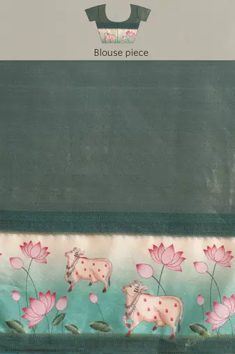 Silk land teal geometric faux kanjivaram silk saree with unstitched blouse piece