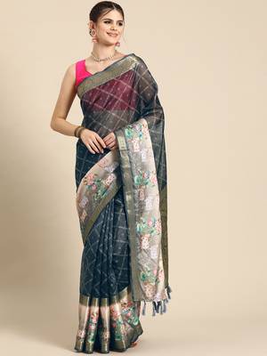 Silk land grey geometric faux kanjivaram silk saree with unstitched blouse piece 1