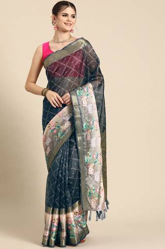Silk land grey geometric faux kanjivaram silk saree with unstitched blouse piece