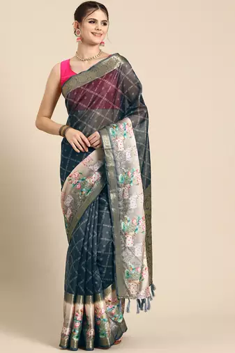 Silk land grey geometric faux kanjivaram silk saree with unstitched blouse piece