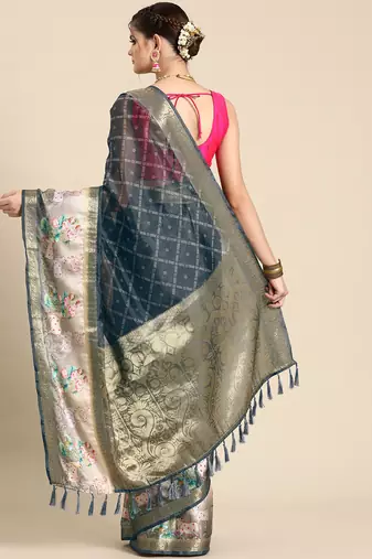 Silk land grey geometric faux kanjivaram silk saree with unstitched blouse piece