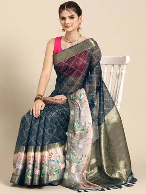 Silk land grey geometric faux kanjivaram silk saree with unstitched blouse piece 3