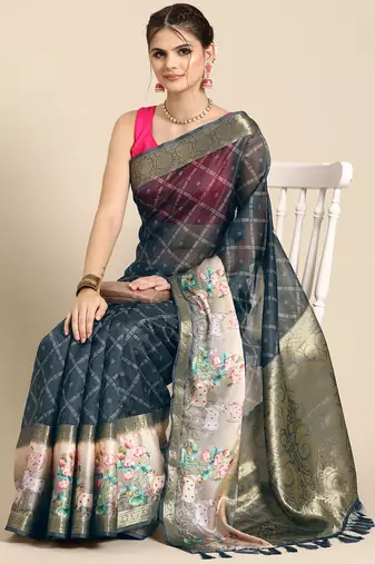 Silk land grey geometric faux kanjivaram silk saree with unstitched blouse piece