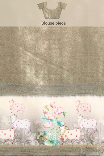 Silk land grey geometric faux kanjivaram silk saree with unstitched blouse piece