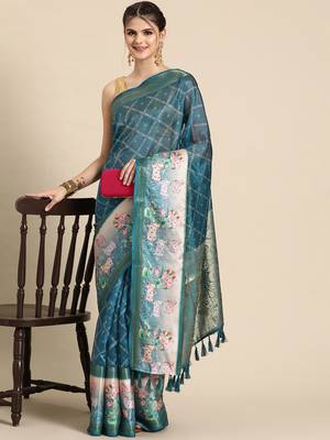 Silk land teal geometric faux kanjivaram silk saree with unstitched blouse piece 1