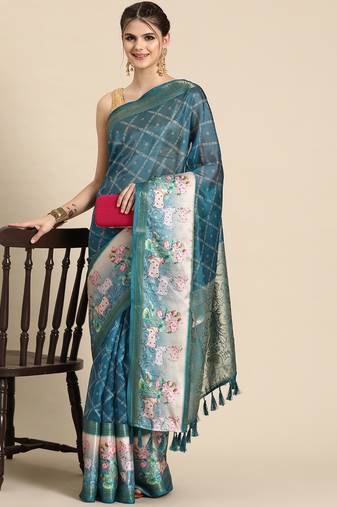 Silk land teal geometric faux kanjivaram silk saree with unstitched blouse piece