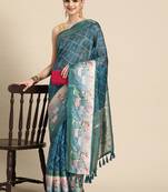 Silk land teal geometric faux kanjivaram silk saree with unstitched blouse piece