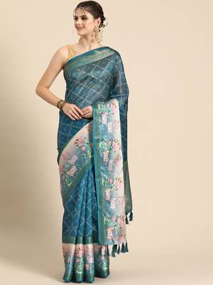 Silk land teal geometric faux kanjivaram silk saree with unstitched blouse piece 2