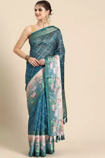 Silk land teal geometric faux kanjivaram silk saree with unstitched blouse piece