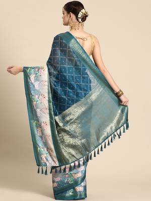 Silk land teal geometric faux kanjivaram silk saree with unstitched blouse piece 3
