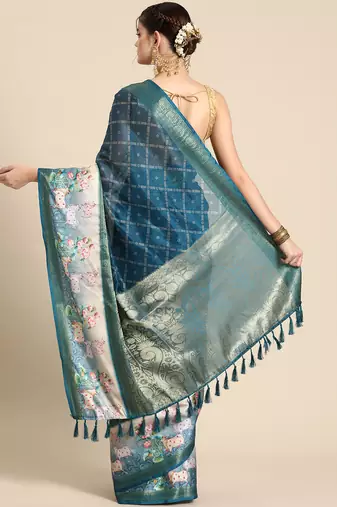 Silk land teal geometric faux kanjivaram silk saree with unstitched blouse piece