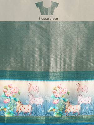 Silk land teal geometric faux kanjivaram silk saree with unstitched blouse piece 5