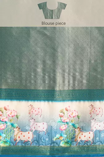 Silk land teal geometric faux kanjivaram silk saree with unstitched blouse piece