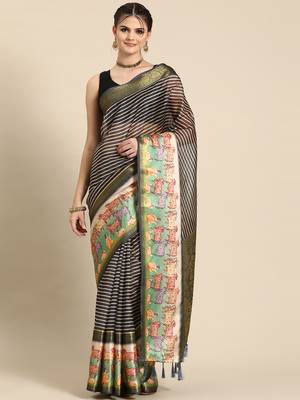 Silk land grey striped faux kanjivaram silk saree with unstitched blouse piece 1