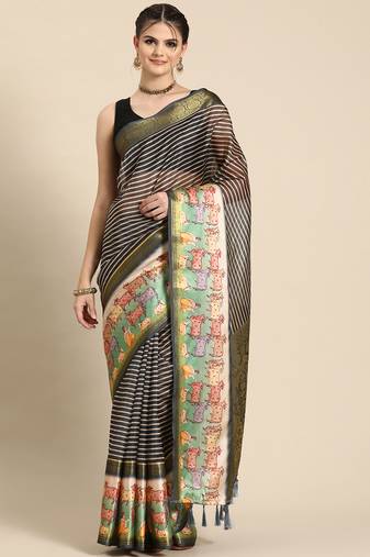 Silk land grey striped faux kanjivaram silk saree with unstitched blouse piece