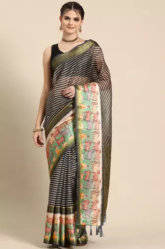 Silk land grey striped faux kanjivaram silk saree with unstitched blouse piece