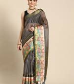Silk land grey striped faux kanjivaram silk saree with unstitched blouse piece